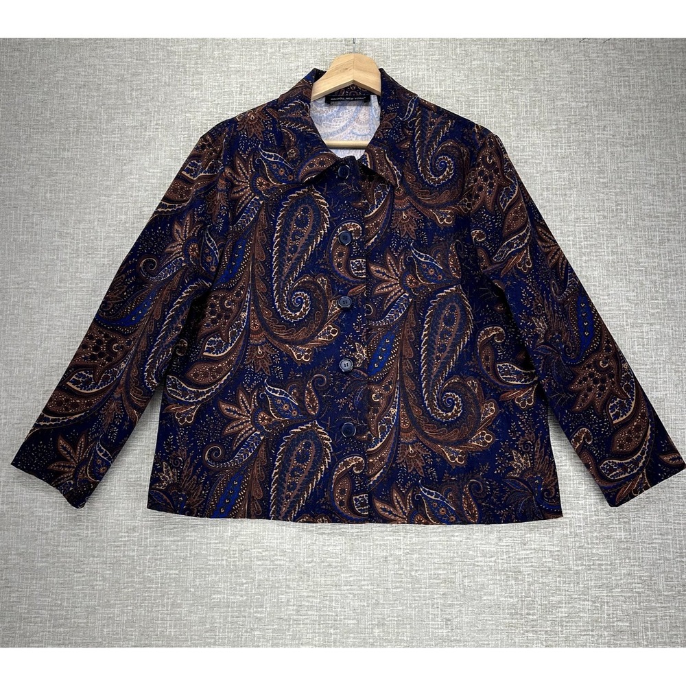 Briggs New York Jacket Womens PL Petite Large Blue Paisley Button Front Stretch